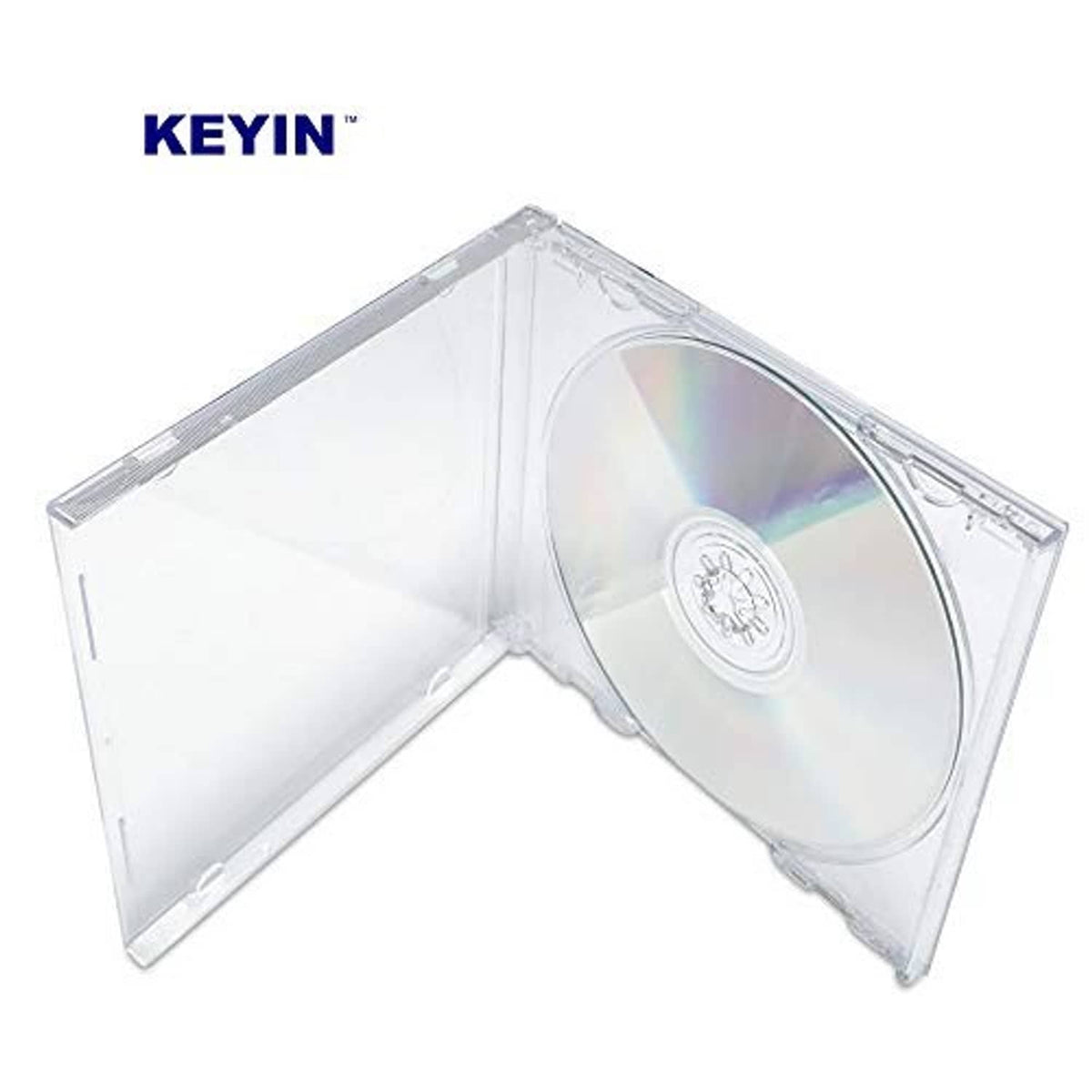 Clear CD jewel case with disc inserted, iridescent disc visible on the tray.