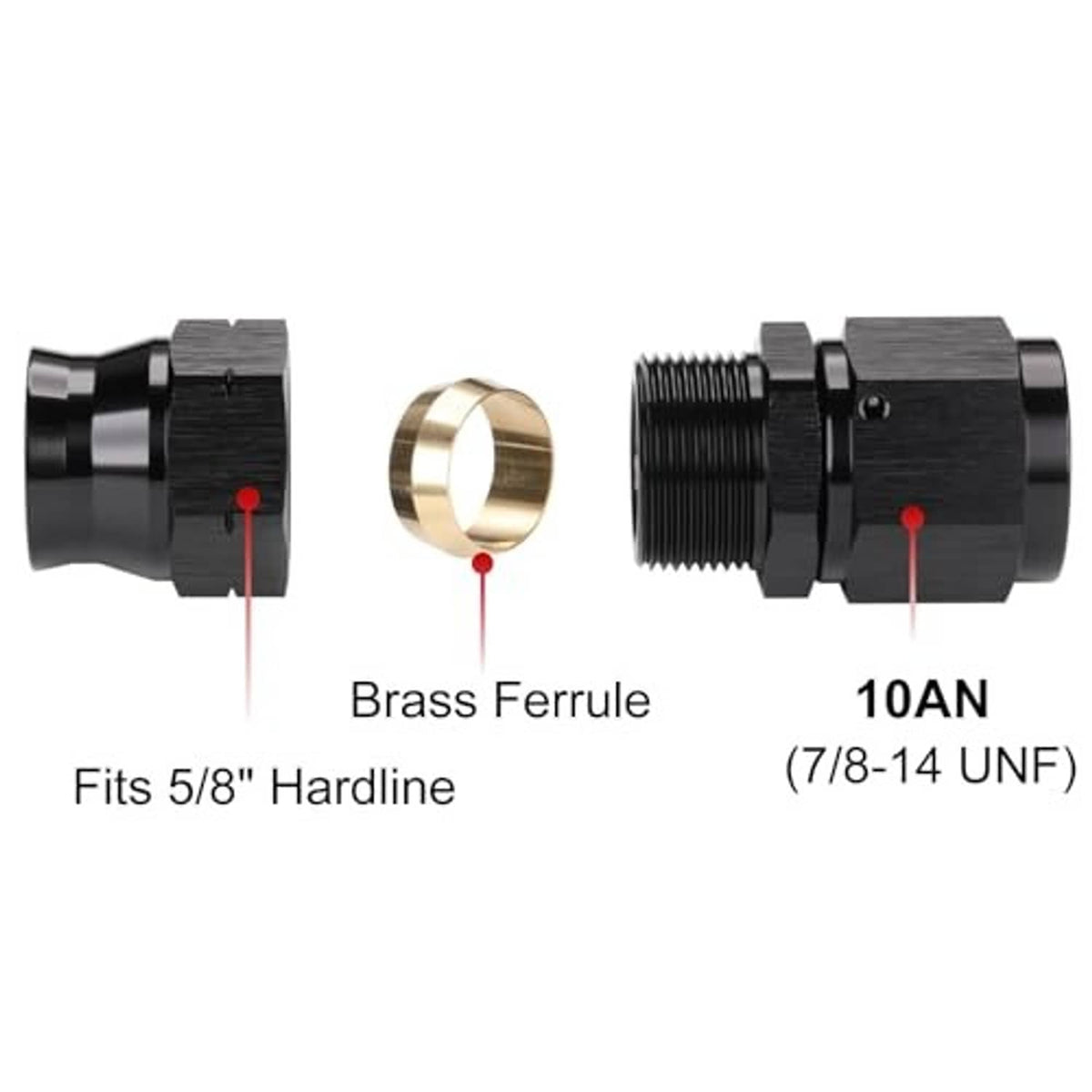 AN flare compression fitting with brass ferrule, male threaded end and black body