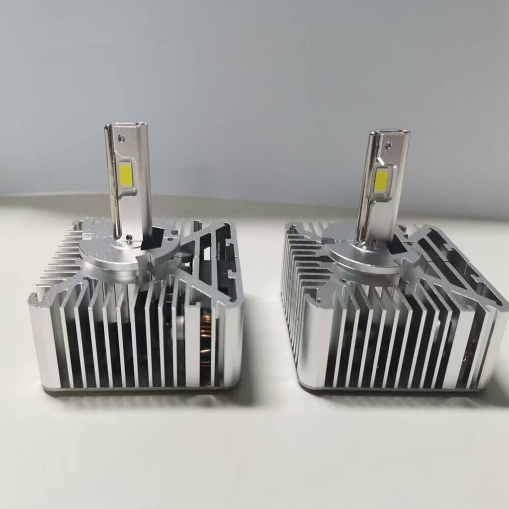 LED headlight bulb set with metal heatsinks and LED chip, tall pin mount, 2 pack