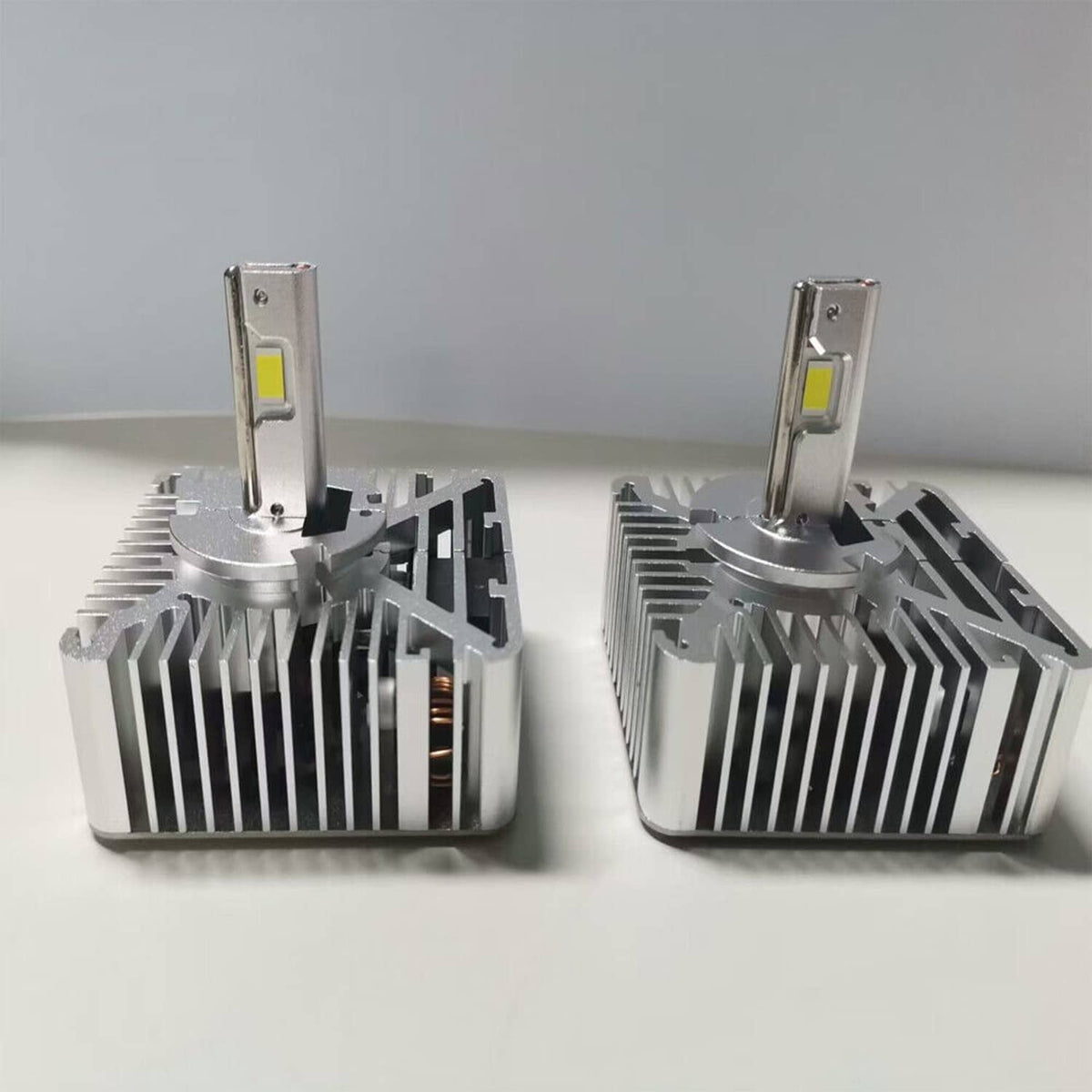 LED headlight bulb set with metal heatsinks and LED chip, tall pin mount, 2 pack