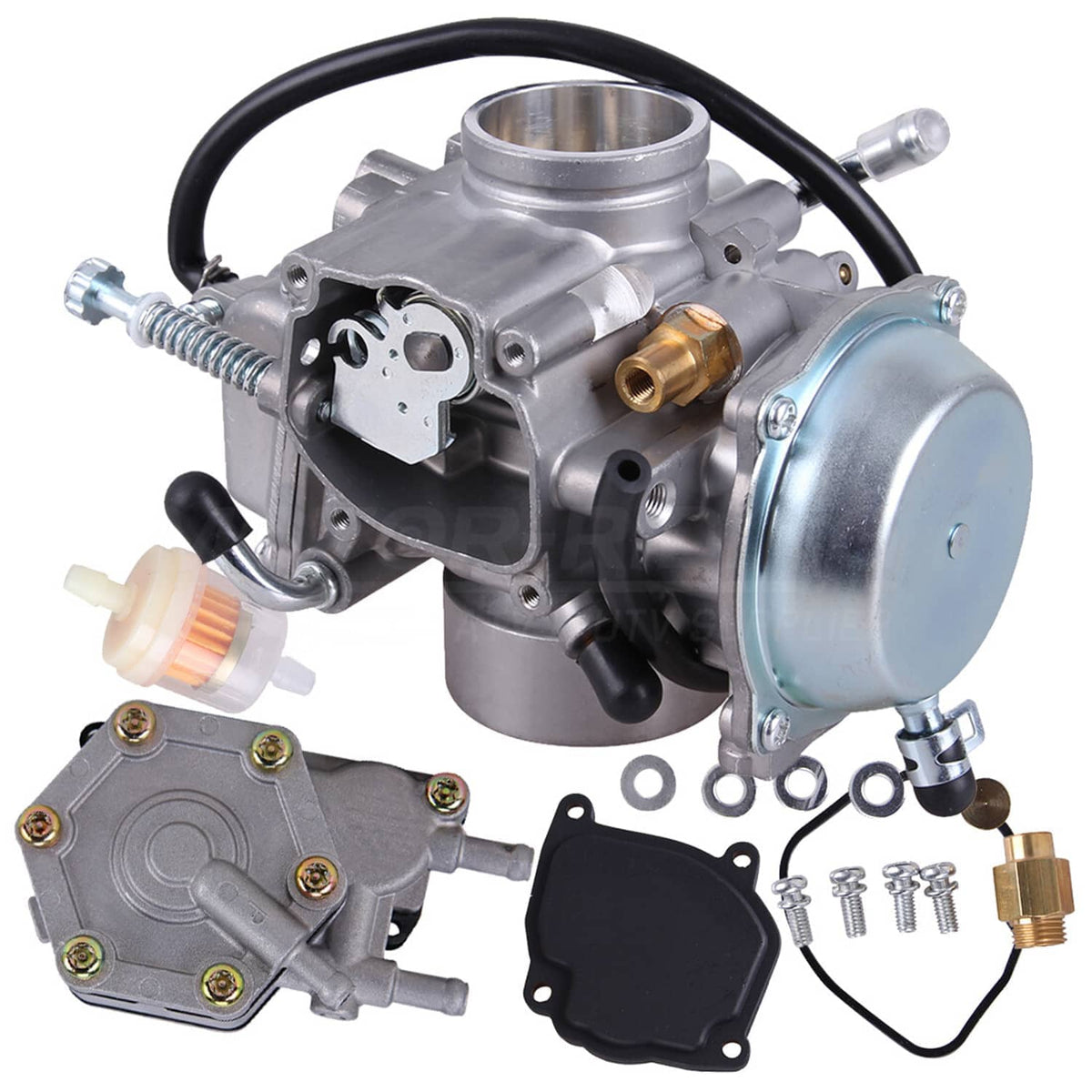 Metal carburetor assembly with round fuel pump canister, hoses, and small hardware parts