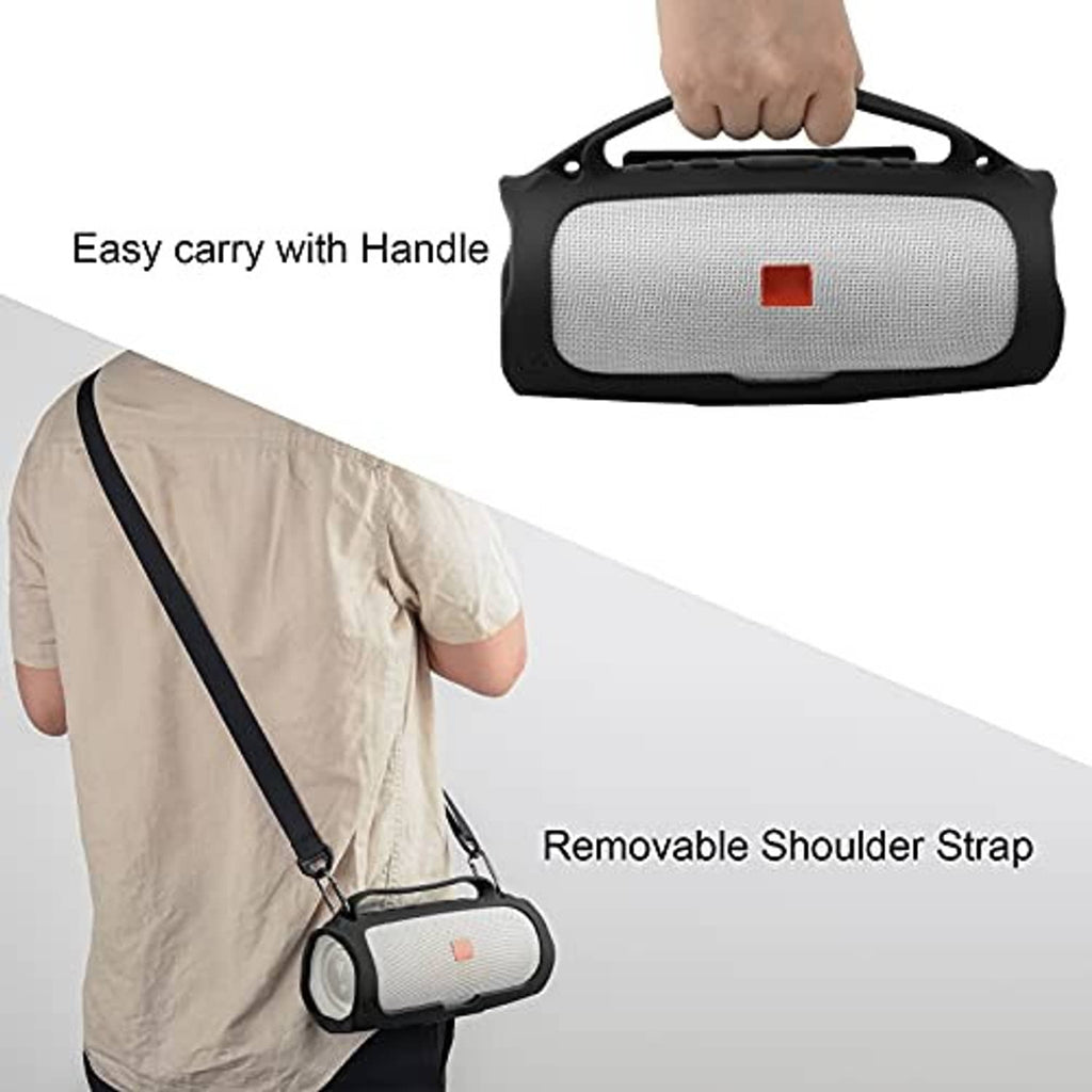 Silicone portable speaker case with black carry handle and removable shoulder strap