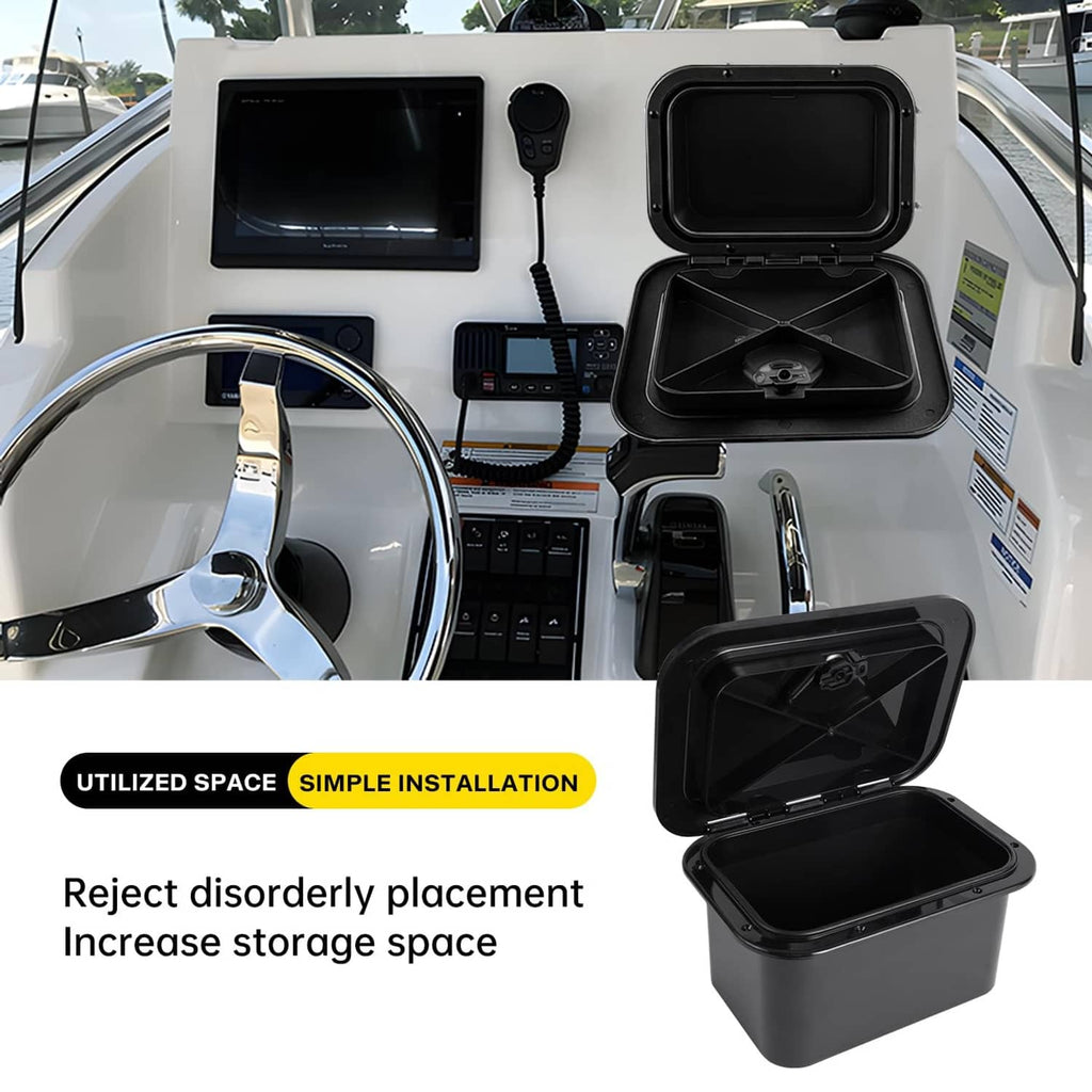 Black storage hatch box installed on a boat dashboard, lid opened and closed