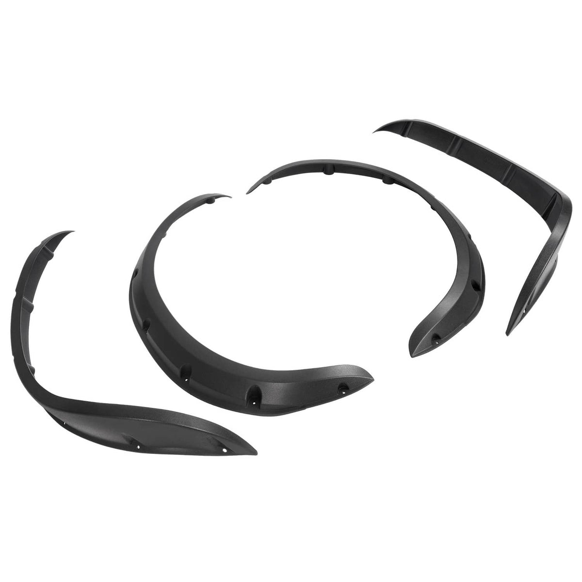 Golf cart fender flare set layout with curved black panels and mounting holes