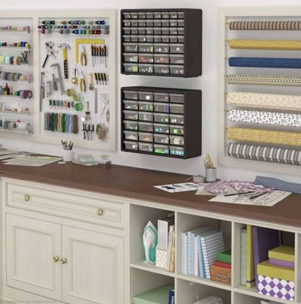 Plastic drawer storage cabinet with stacked clear drawers and side compartments