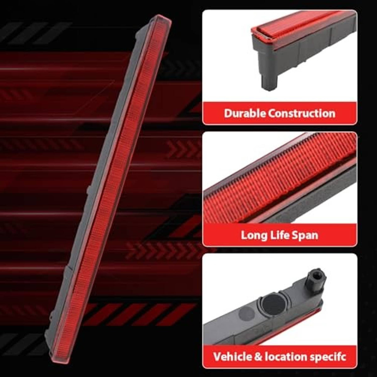 Red third brake light lens with black housing, showing textured LED pattern