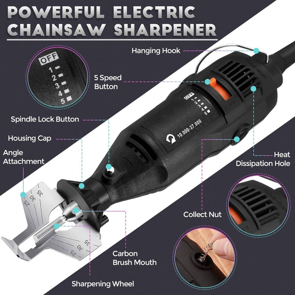 Electric chainsaw sharpener tool with 5-speed control, vents and carbon brush access