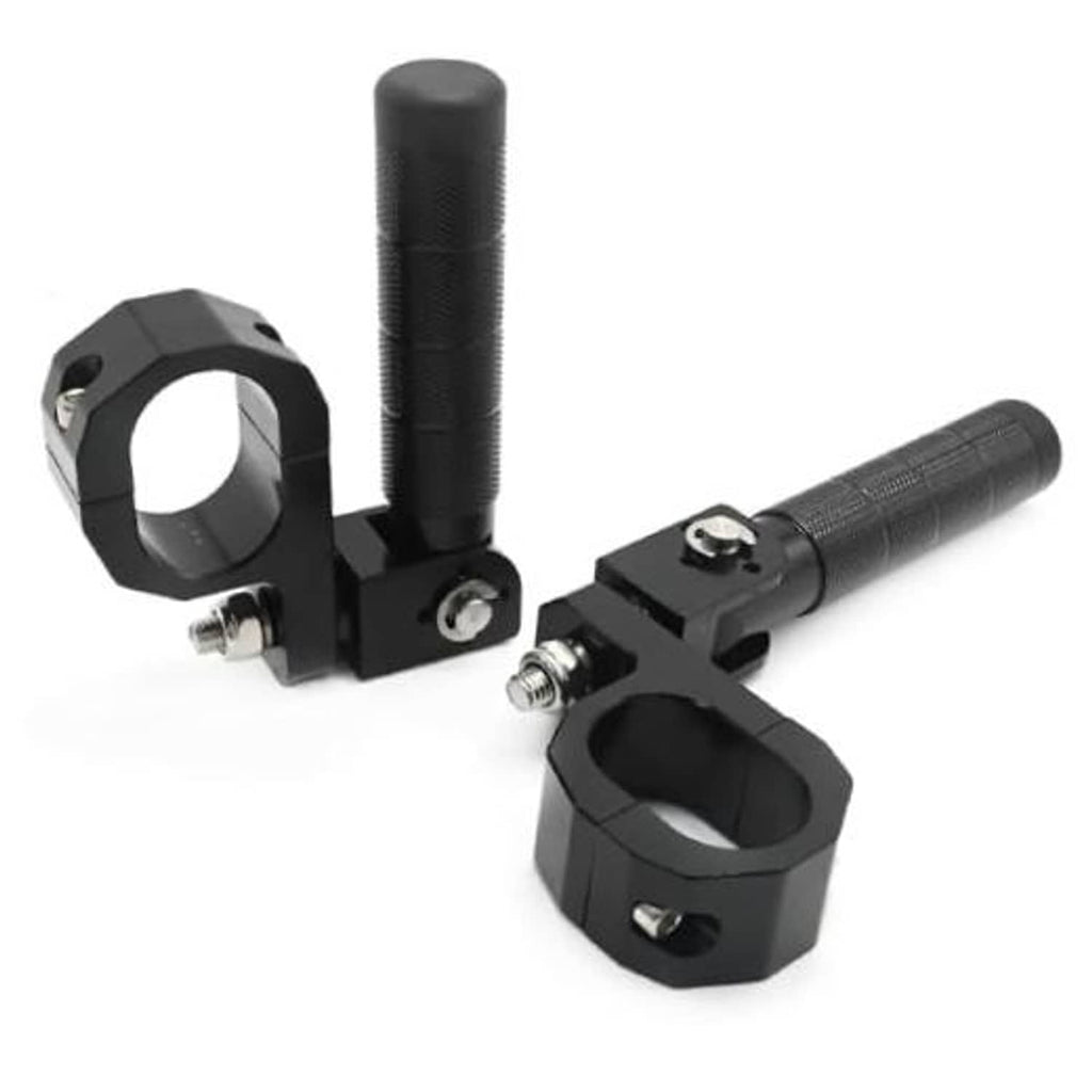 Black motorcycle rear foot pegs with textured grips and passenger bracket mounts