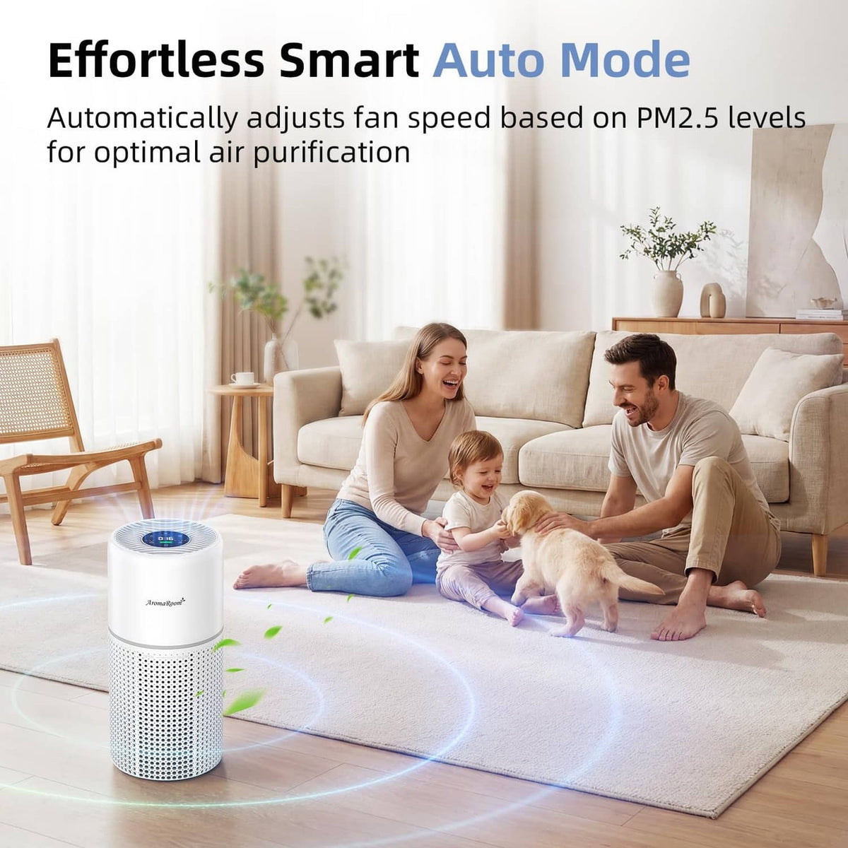 White cylindrical air purifier with glowing top ring for smart auto mode