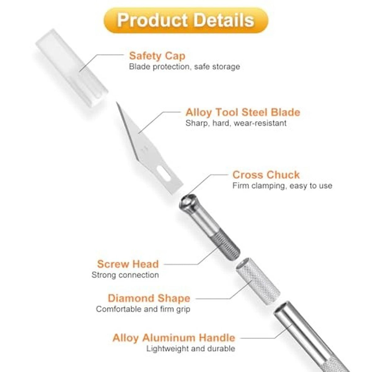 Tool details: safety cap, alloy tool steel blade, aluminum handle and cross chuck