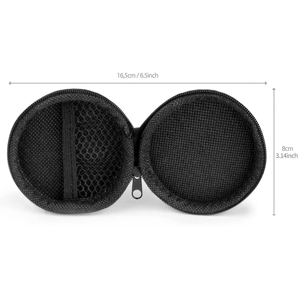 Hard round earphone case, open with two black mesh-lined halves and zipper tab