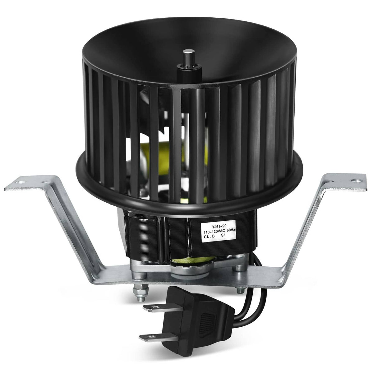 Bathroom exhaust fan motor assembly with black fan housing and mounting brackets