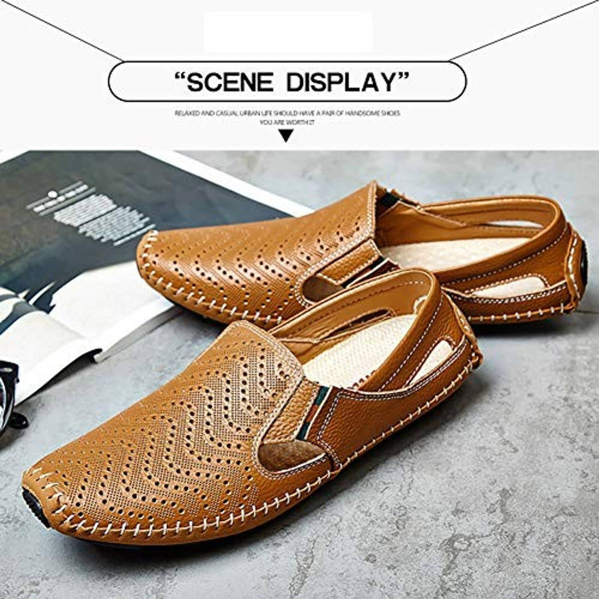 Men's tan brown perforated leather slip-on driving shoes with contrast stitching