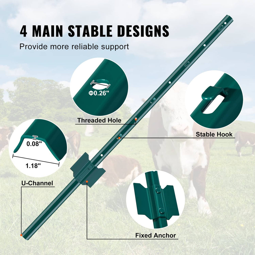 Green metal fence post with threaded holes, U-channel, stable hook, and fixed anchor