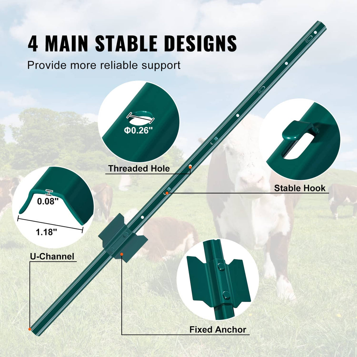 Green metal fence post with threaded holes, U-channel, stable hook, and fixed anchor