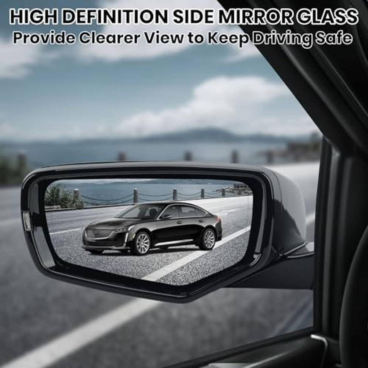 Black left driver-side mirror with clear glass showing road view inside housing