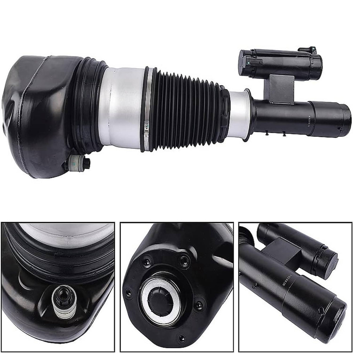 Front air suspension strut with black bellows, silver mount ring, and connector hardware
