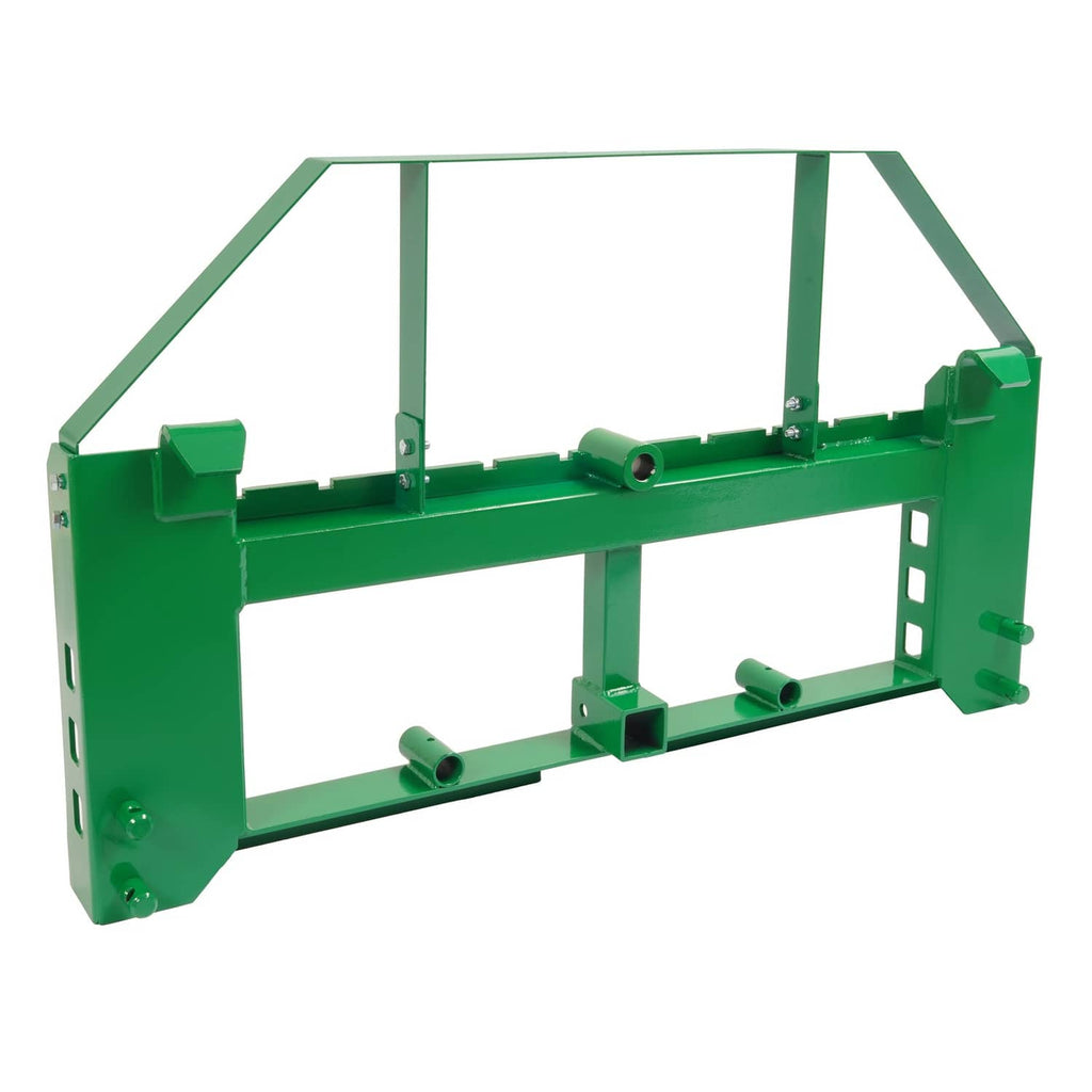 Green pallet fork frame with two fork bars and side bracket plates