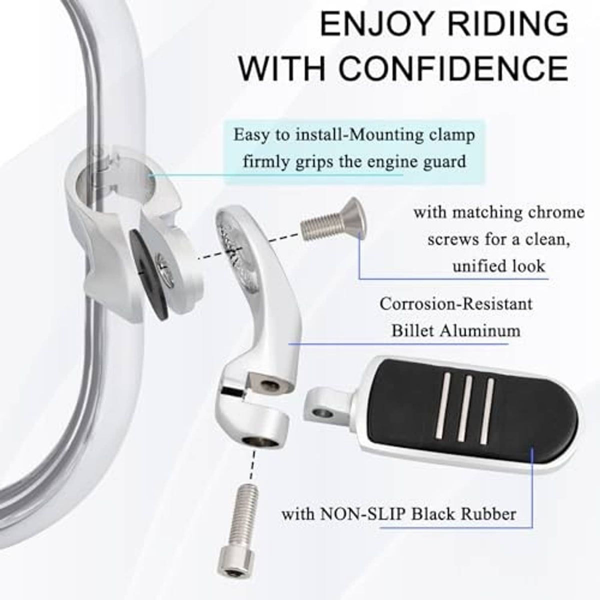 Chrome mounting clamp and adjustable foot pegs with black non-slip rubber pads