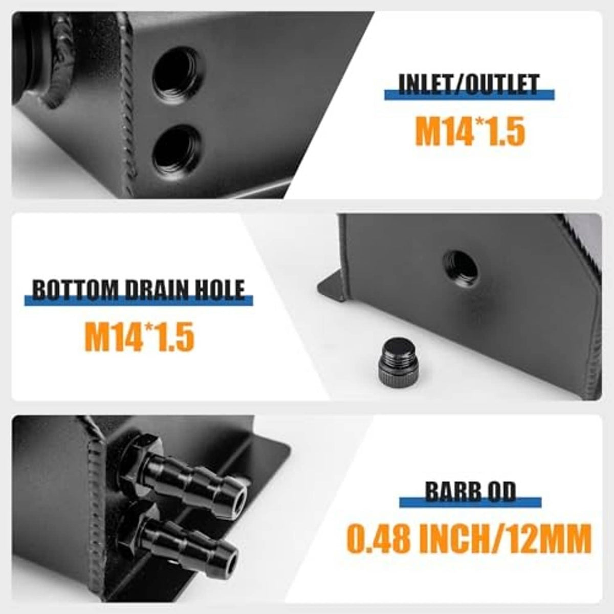 Black coolant overflow tank with threaded inlet/outlet fittings and bottom drain hole