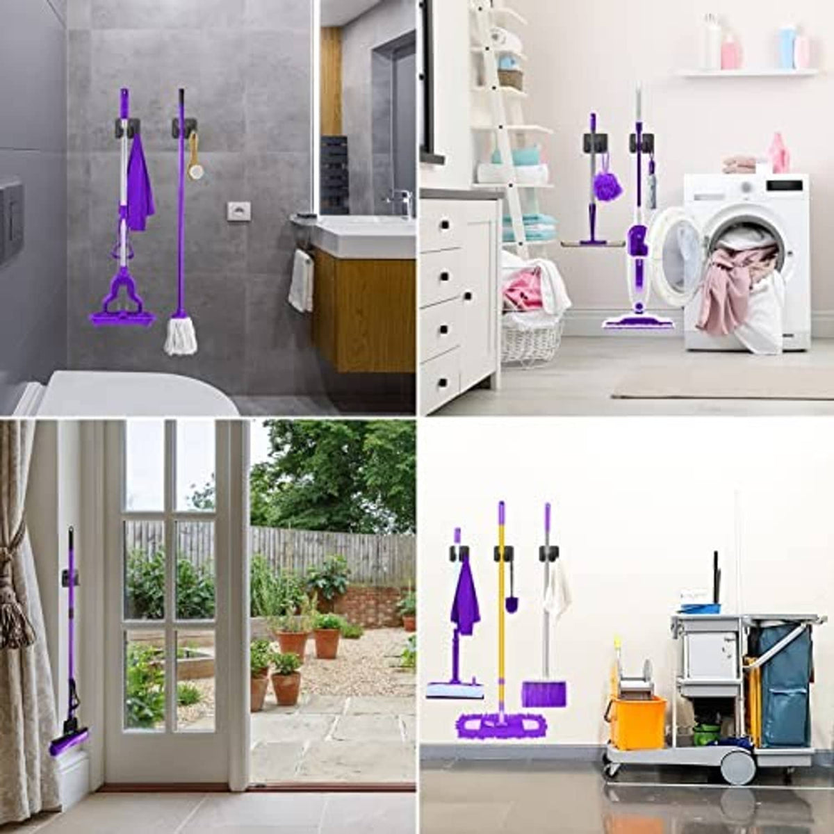 Wall-mounted broom holders organizing cleaning tools with black grippers