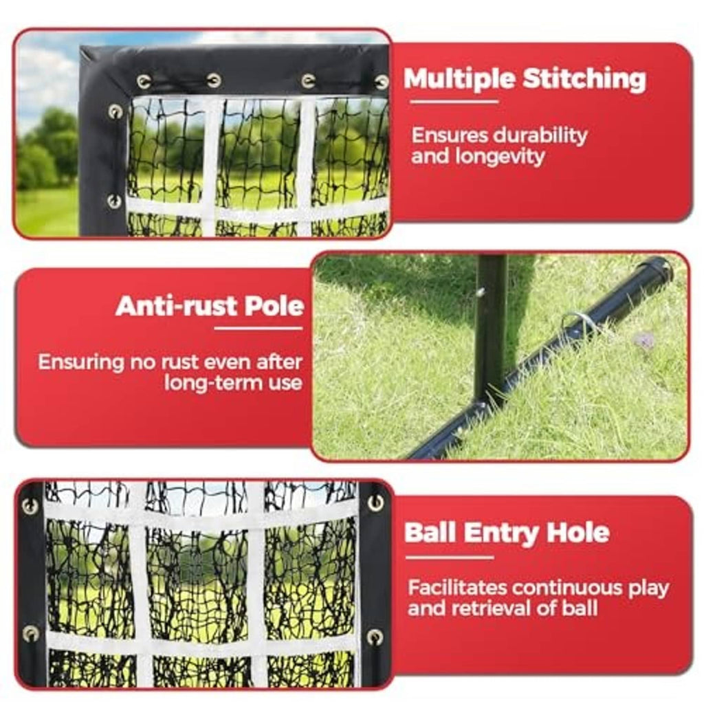 Baseball pitching net with reinforced stitching and ball entry openings, black mesh target