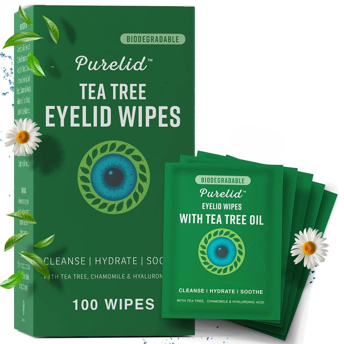 Tea tree eyelid wipes package set: green Purelid box with overlapping 100 wipe packets