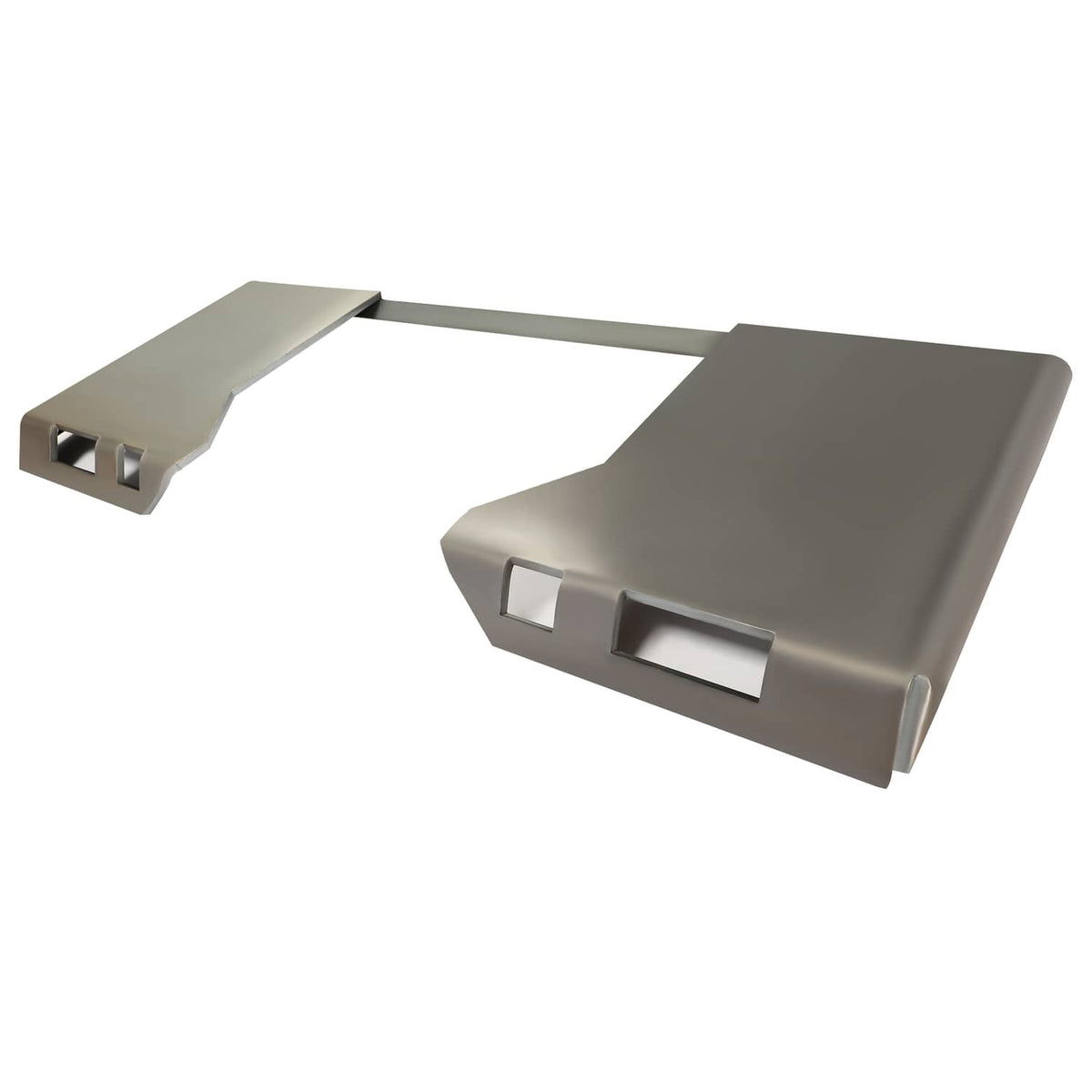 Gray metal skid steer mount plate adapter with two mounting slots and bar