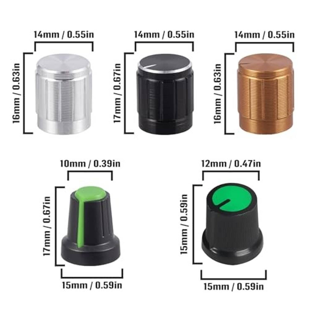 Potentiometer knob and body size diagram with measurements in mm