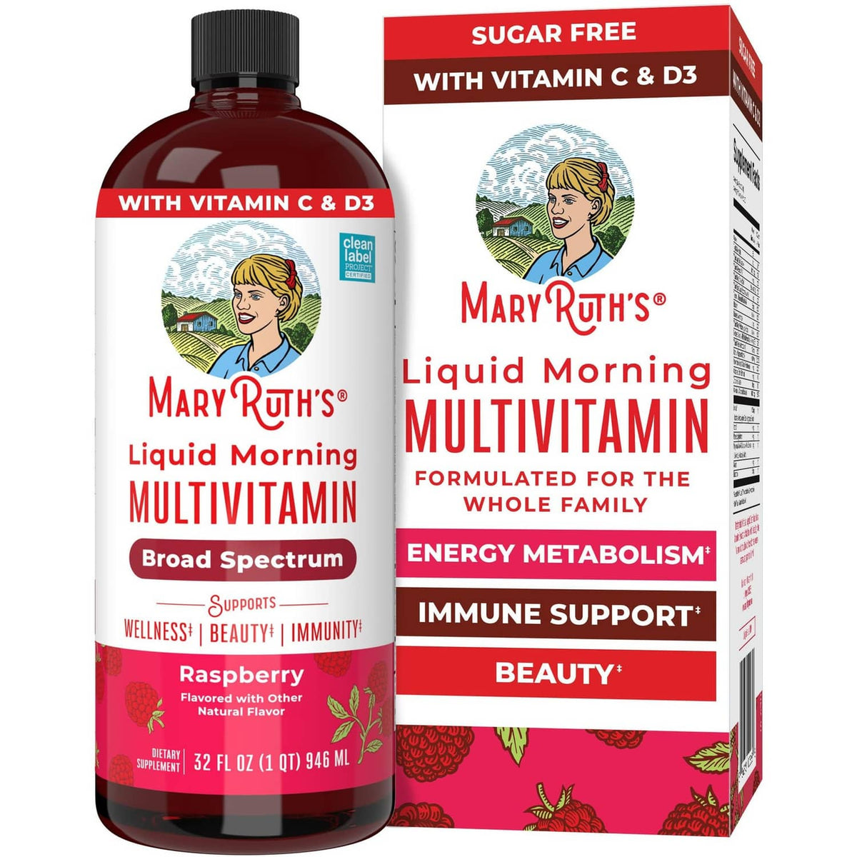 MARYRUTH'S liquid morning multivitamin bottle and box, sugar free with vitamin C & D3