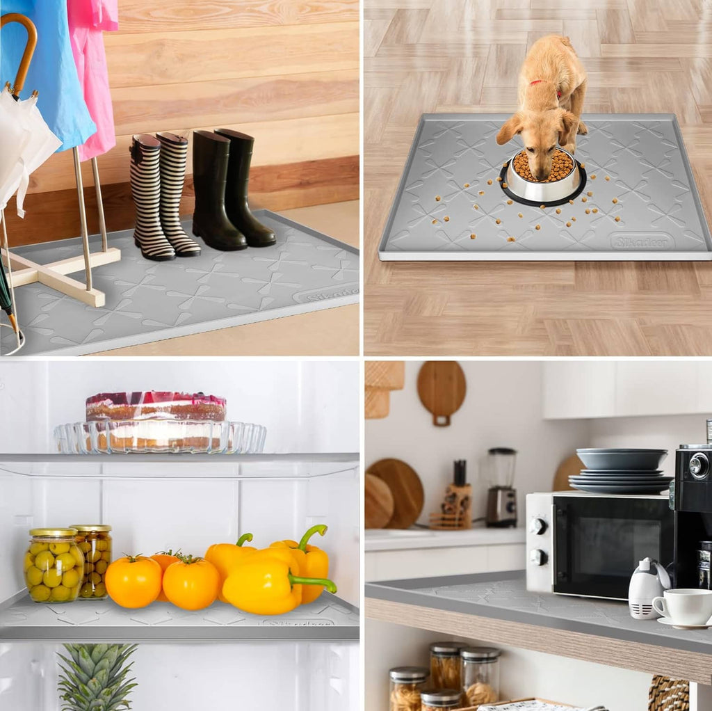 Gray silicone mat shown in multiple kitchen storage setups for under-sink protection