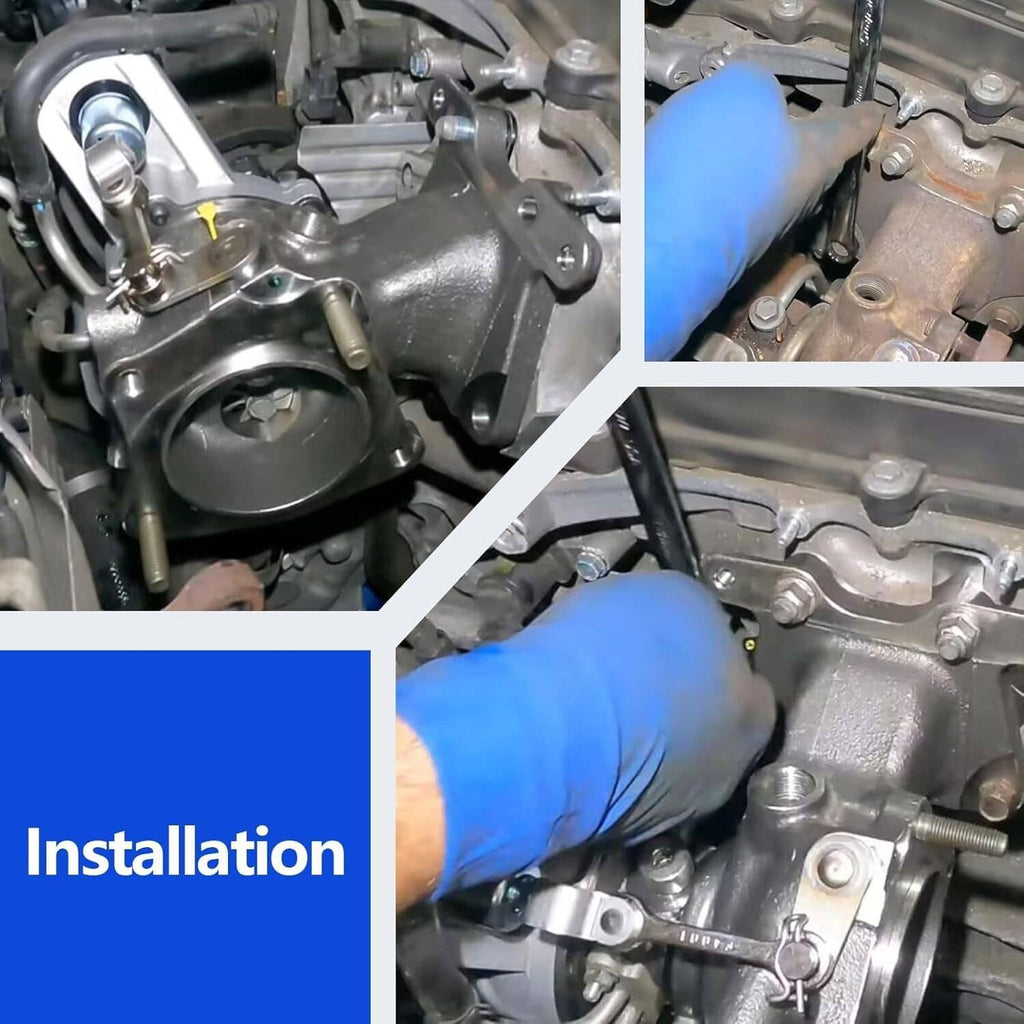 Turbocharger installation with technician blue gloves working in engine bay