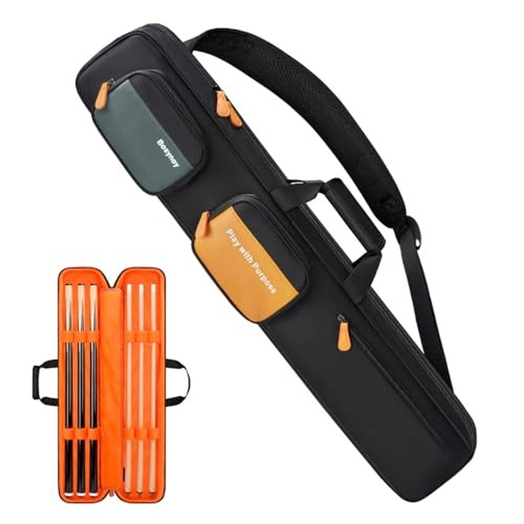 Black pool cue case with orange end panel, shoulder strap, and pocketed divider