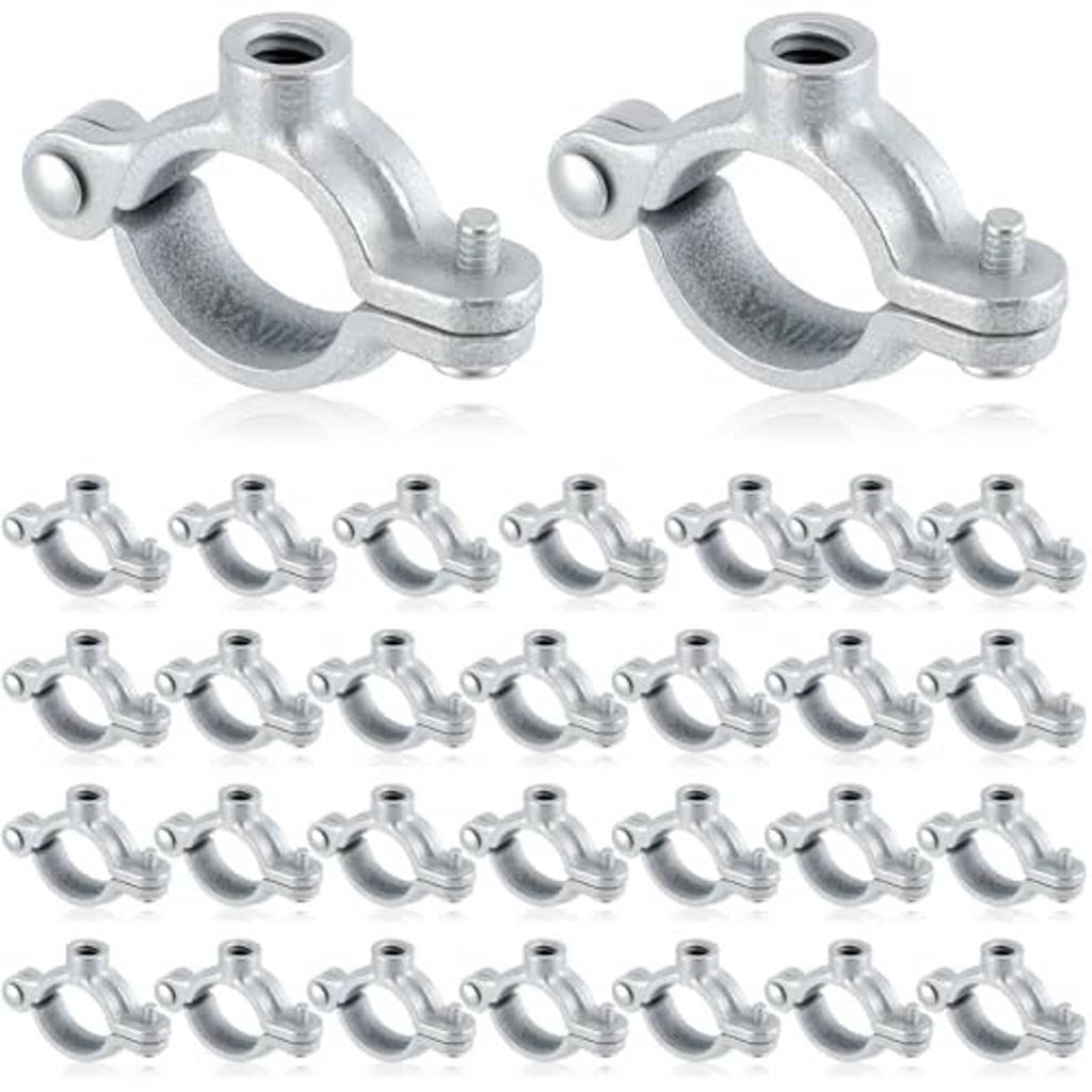Silver galvanized split ring pipe hanger shown with threaded screw and multiple clips