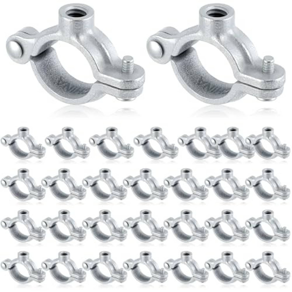 Silver galvanized split ring pipe hanger shown with threaded screw and multiple clips