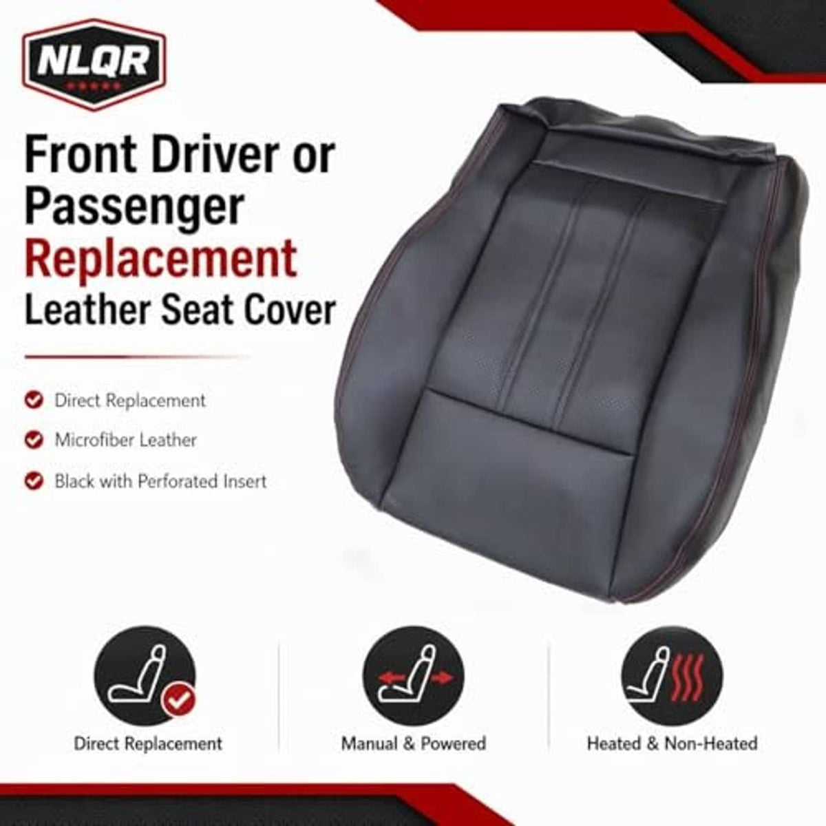 Black front driver or passenger seat cover replacement with perforated center and red piping.