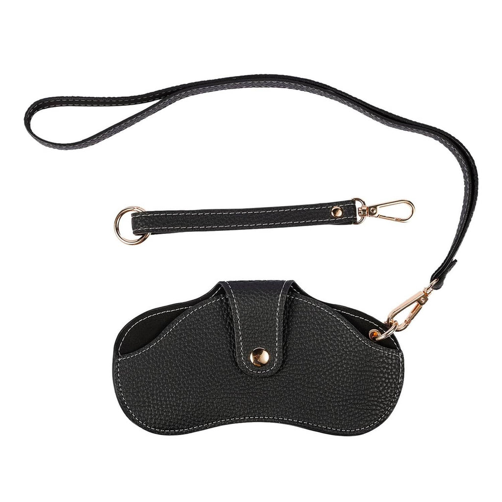 Black soft leather sunglasses case with wrist strap and snap button closure