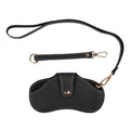 Black soft leather sunglasses case with wrist strap and snap button closure