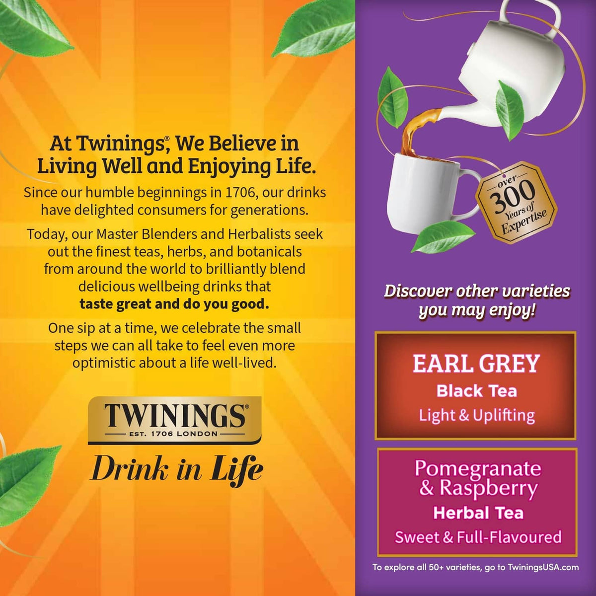 Twinings sampler panel featuring Black Tea, Earl Grey, and Pomegranate & Raspberry