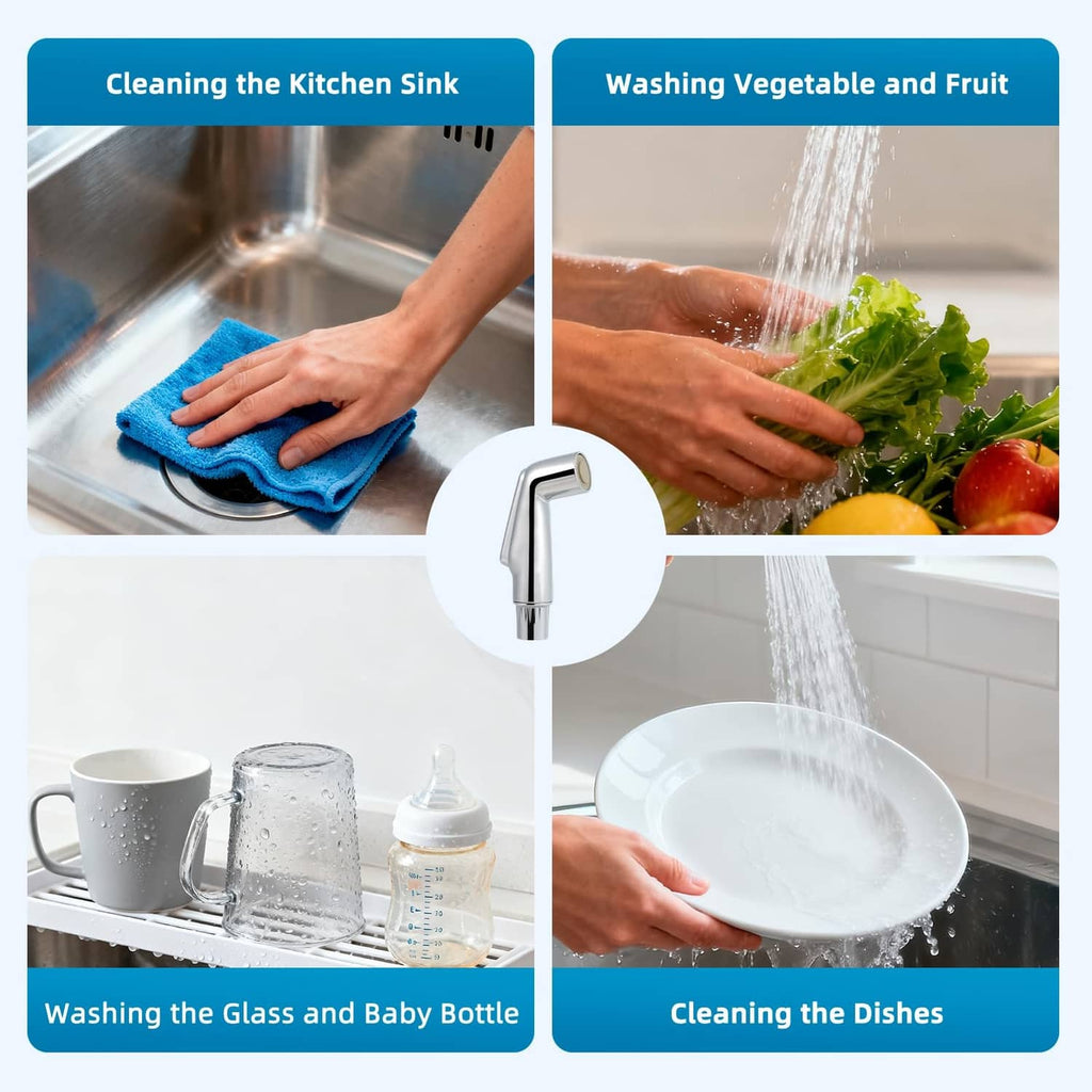 Chrome kitchen sink sprayer for rinsing dishes and washing produce with water spray