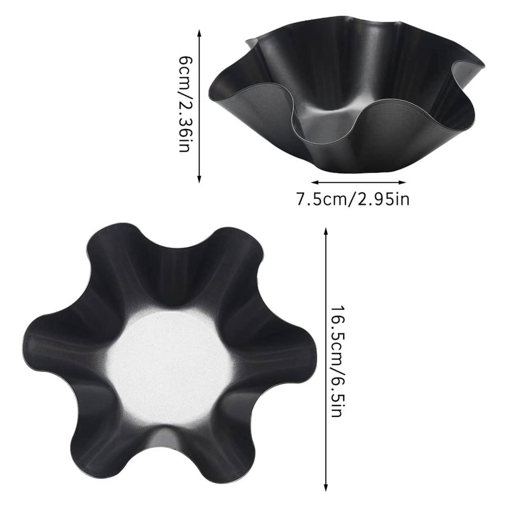 Black nonstick taco salad bowl mold with starburst shape; size measurements shown