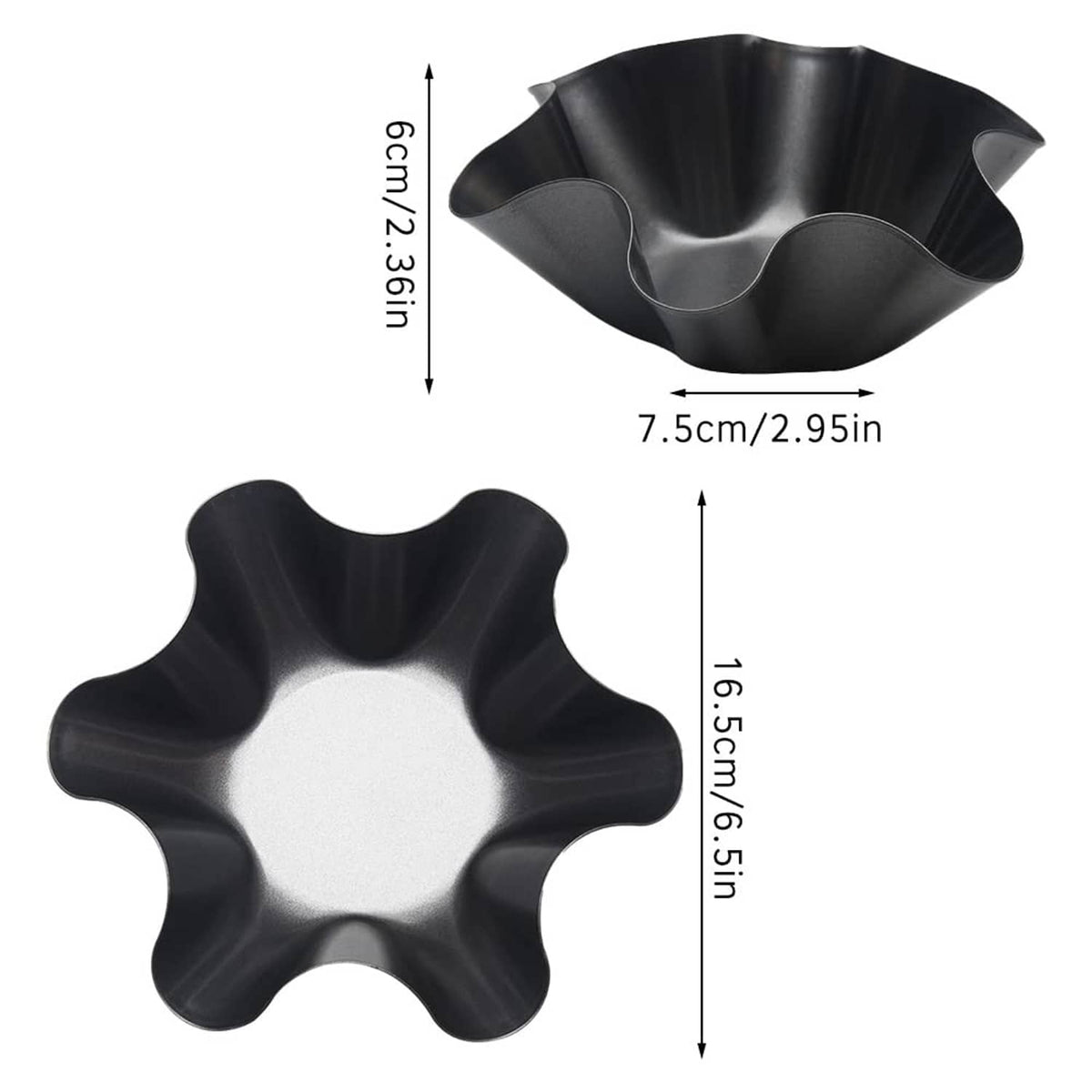 Black nonstick taco salad bowl mold with starburst shape; size measurements shown