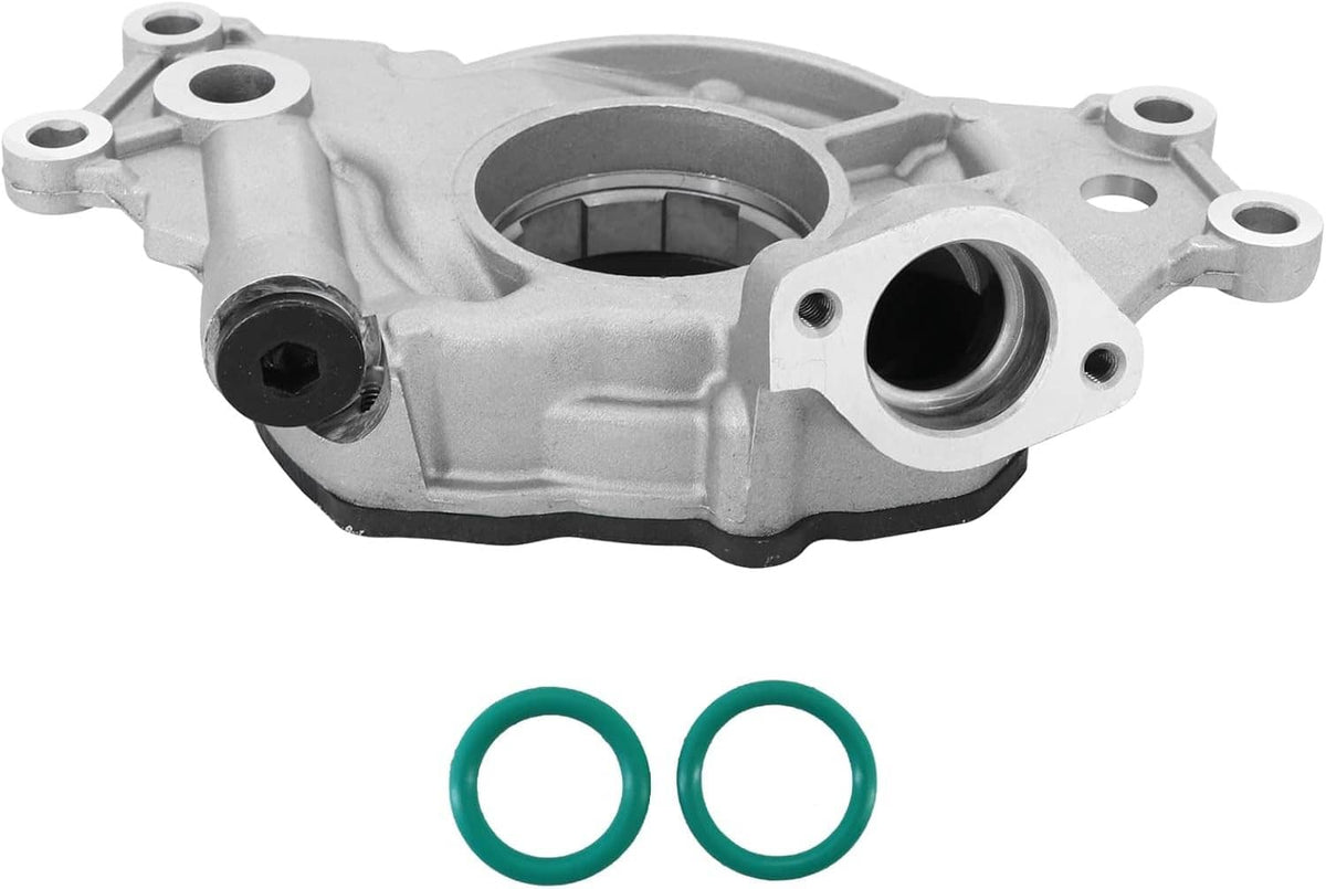 Oil pump assembly with silver housing, round inlet port, and two teal O-rings