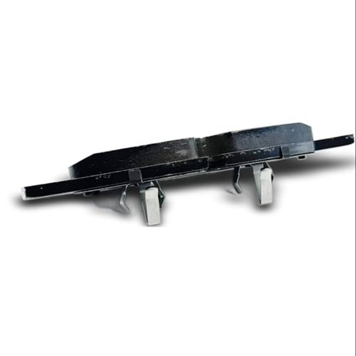 Ceramic brake pad with metal clips and hardware, long side profile view