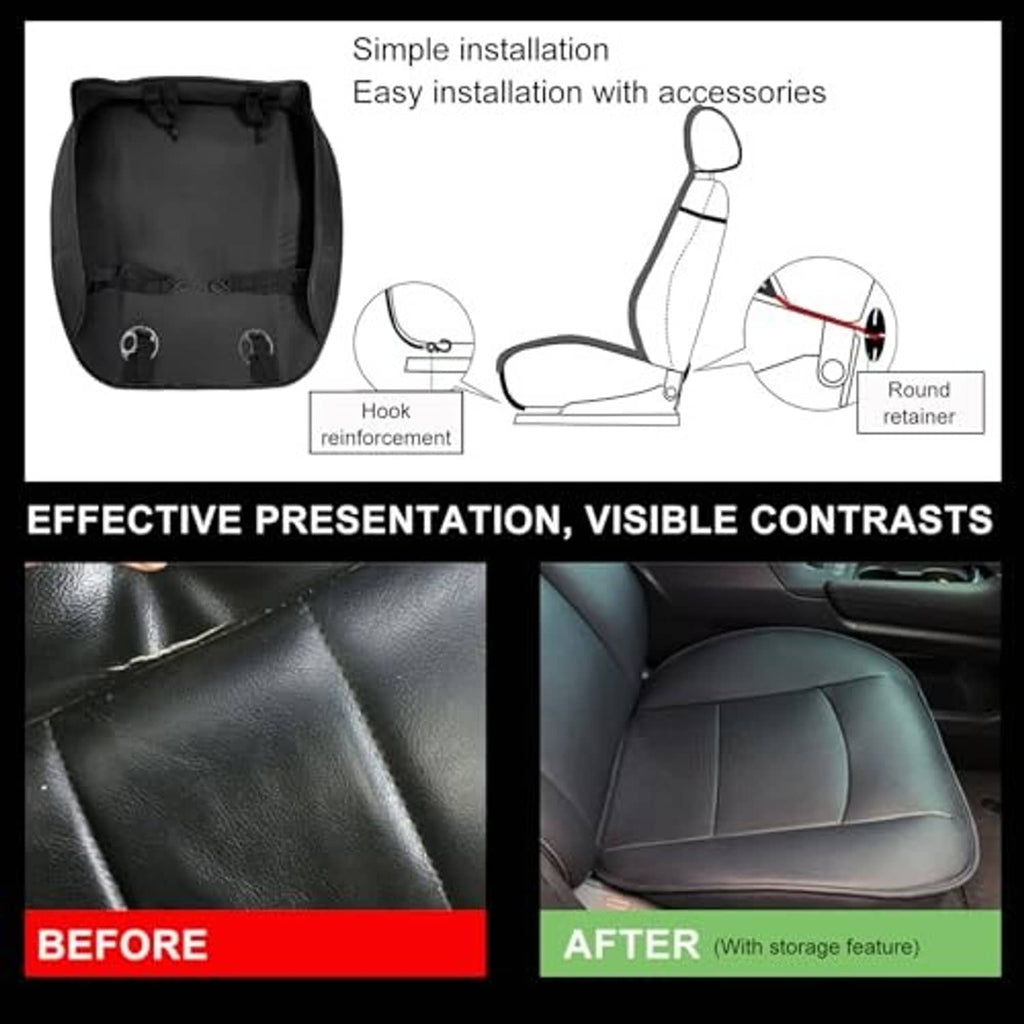 Black PU leather car seat bottom cover with side storage pocket feature