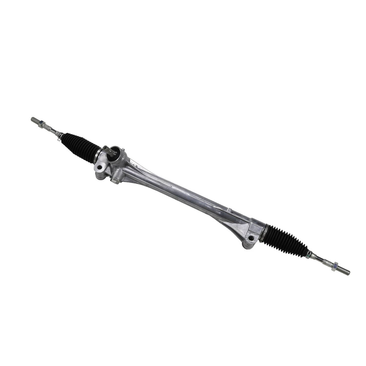 Power steering rack and pinion with black boots and metal center support bracket.