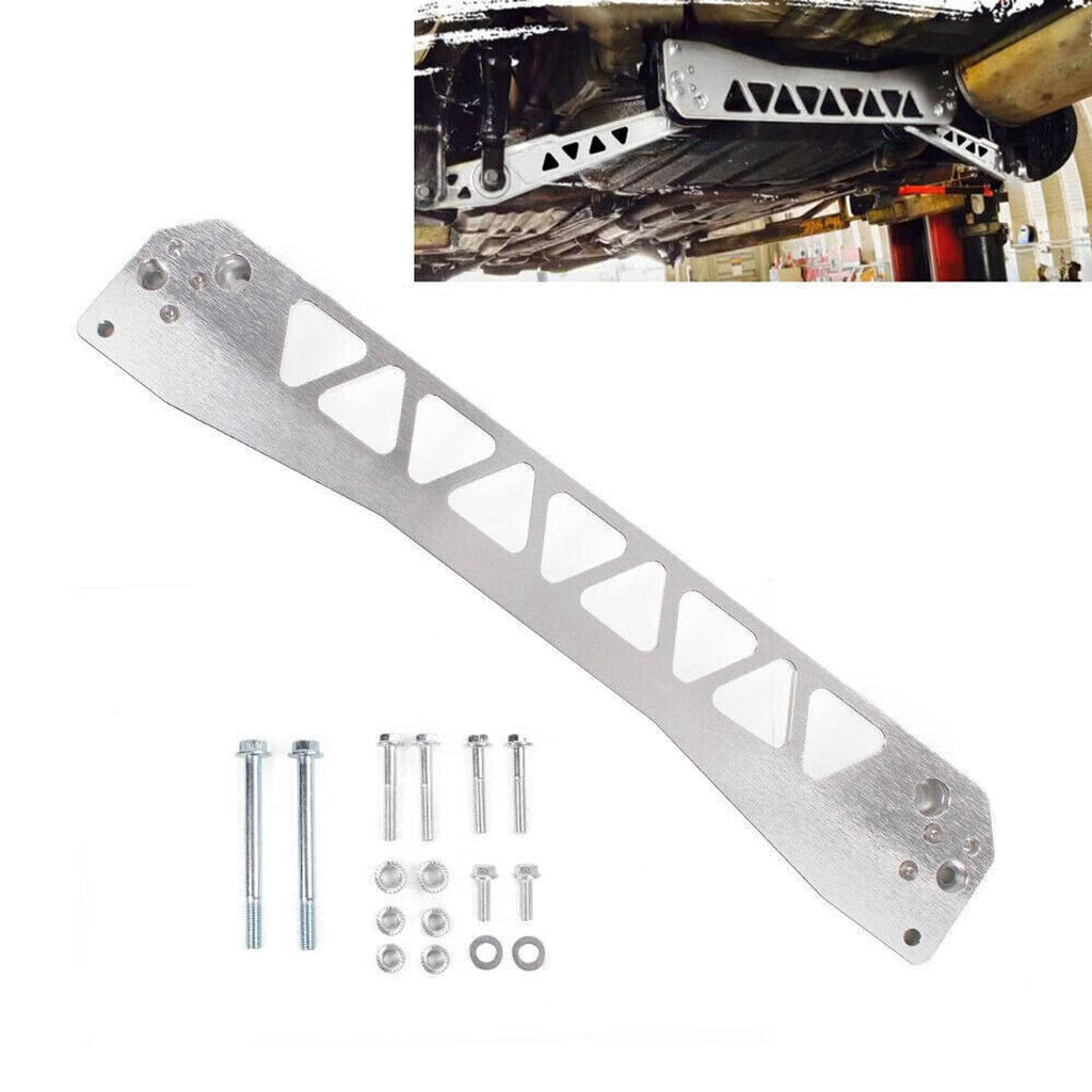 Silver rear tie bar with triangular cutouts and included bolts and washers