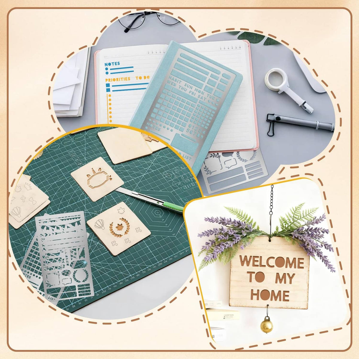 Metal stencil set on craft and paper projects, with planner templates visible