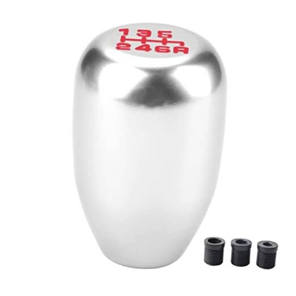 Silver 6-speed manual gear shift knob with red shift pattern on top, plus black adapters