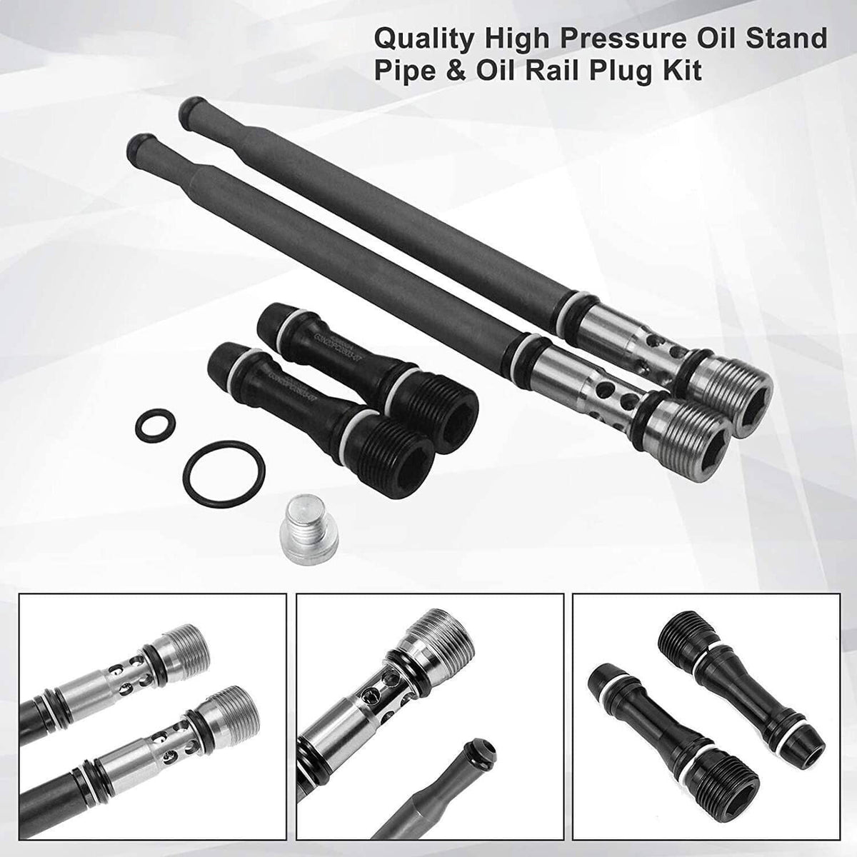 Oil stand pipe & oil rail plug kit: long black pipes with plugs, O-ring, cap